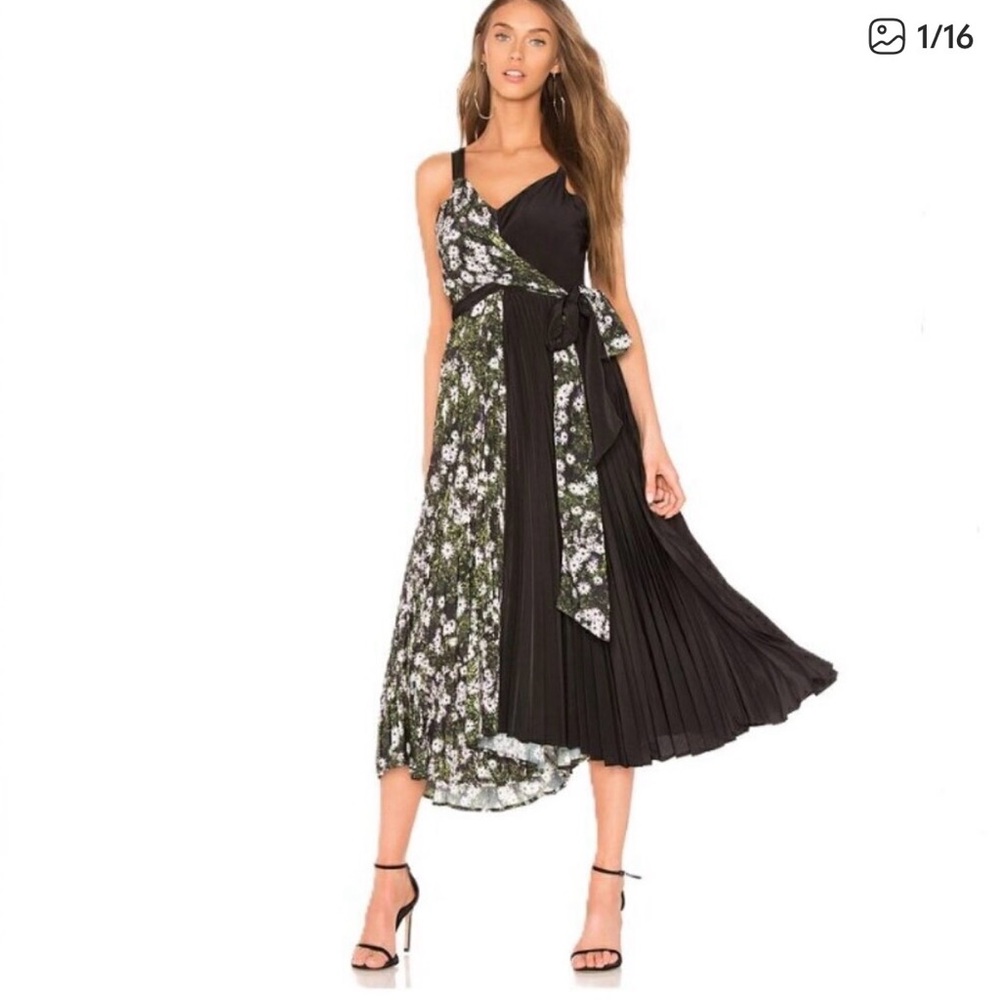 Asymmetrical Black & Olive Floral Pleated Midi Dress with Tie Waist